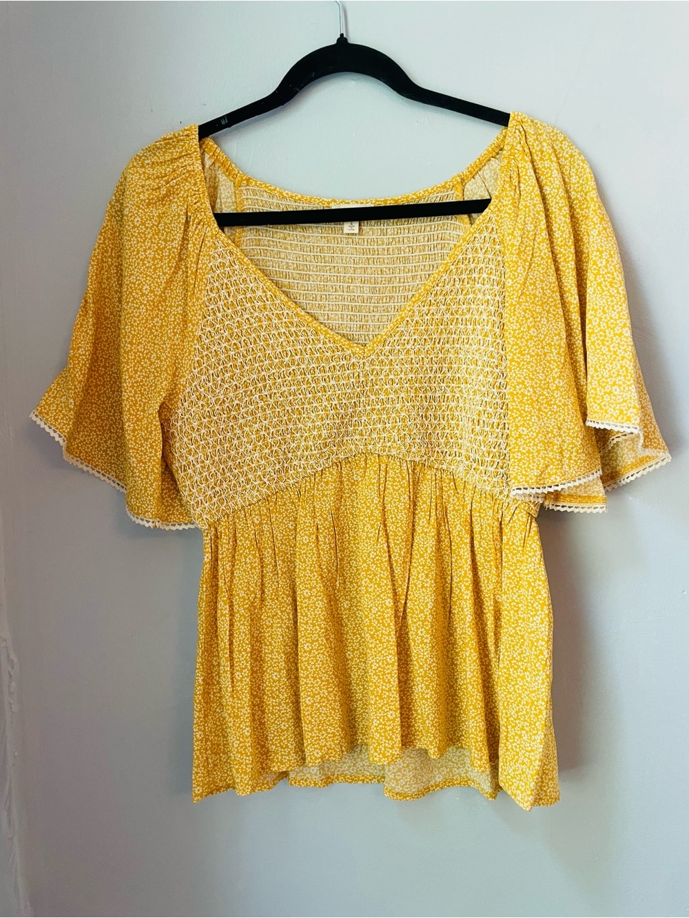 Hem & Thread Yellow Smocked V-Neck Flutter Sleeve Top